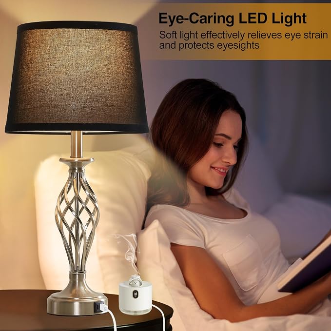 Table Lamp for Bedroom Set of 2 with USB C+A Ports, Modern Bedside Lamps with Spiral Cage Base, Fabric Shade, Nightstand Lamp for Living Room Reading Bed Side End Table, 2 LED Bulbs Included (Silver)