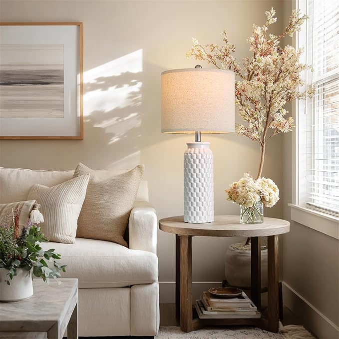 USumkky 27" Ceramic Table Lamps Set of 2 - Modern Farmhouse & Boho Style, Bedside Nightstand Lamps for Bedroom, Living Room End Table Lamps, Small Desk Lamp(White)