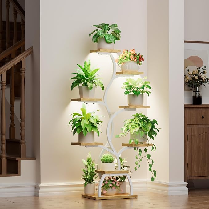 Plant Stand Indoor with Grow Light - 8 Tiered Corner Plant Shelf Indoor | 49" Plant Holder with Lights for Indoor Growing, Tall Lighted Flower Stand for Living Room, Balcony, White