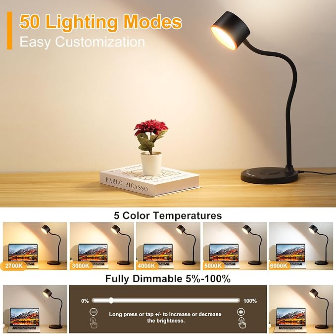 LiFMIRA Desk lamp with USB Charging Ports, Touch Control Desk Light Black | Reading Lamp for Home Office, 5 Color Stepless Dimming Study Lamps Reading Light Table Lamp for Bedroom Bedside Dorm Room