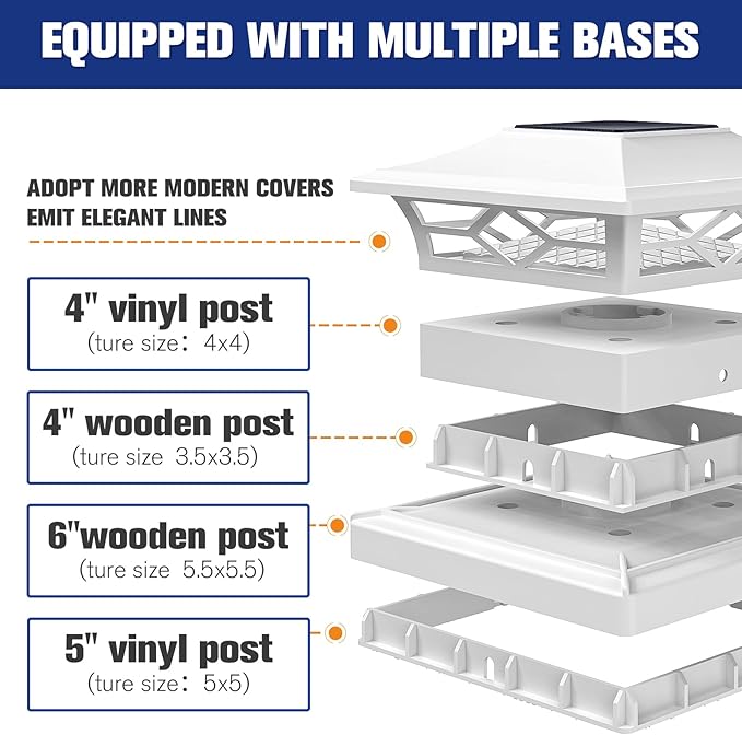 VOLISUN Solar Post Cap Lights: 8 - Pack Outdoor Deck Post Cap Lights White for Dock Fence Waterproof 2 Color Modes,4x4/6x6 Wooden/Vinyl Posts