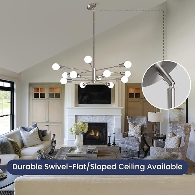 Modern Sputnik Chandeliers Light, 12 Lights Brushed Nickel Dining Room Chandelier Over Table, Height Adjustable Industrial Semi Flush Mount Mid Century Chandelier for Kitchen Island Living Room