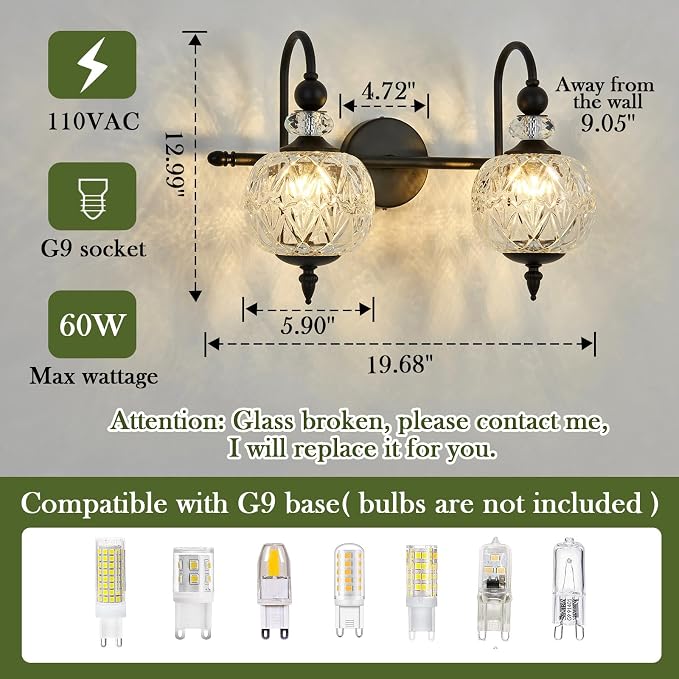 Piepooye Vintage Bathroom Light Fixtures Black Vanity Light with Glass Globe LampShade 2 Lights Mid Century G9 Bulb Wall Sconce Indoor Vanity Light Over Mirror for Kitchen Bedroom Farmhouse