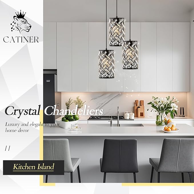 Black Crystal Cluster Pendant Light, 3-Light Kitchen Island Hanging Light | 3-light black crystal pendant with adjustable height, E26 sockets, dimmable for kitchen islands, dining rooms and bedrooms