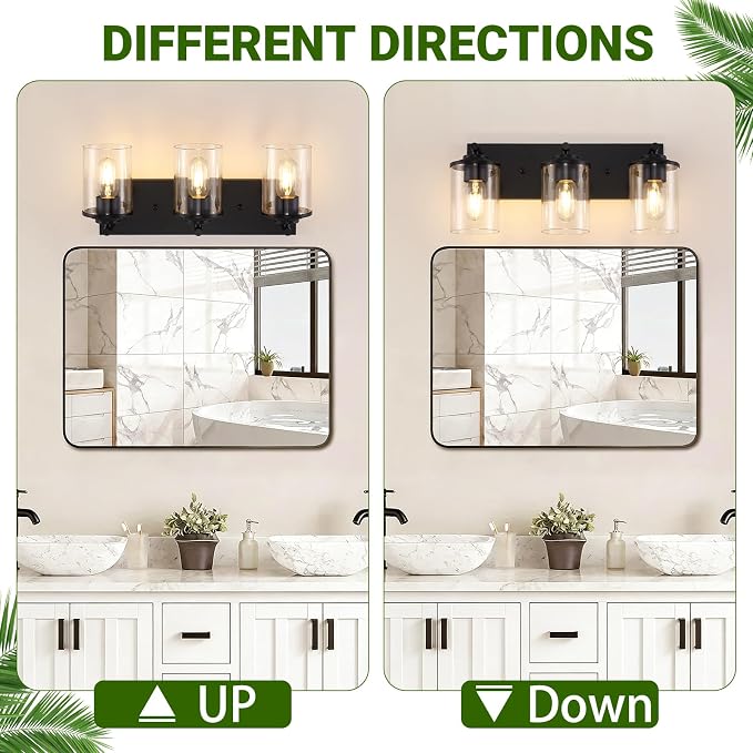 3-Light Bathroom Light Fixtures, Matte Black Bathroom Vanity Lighting Over Mirror with Clear Glass Shades, Modern Vanity Lights for Bath Wall Sconces Lamp for Powder Room, Bedroom, Hallway