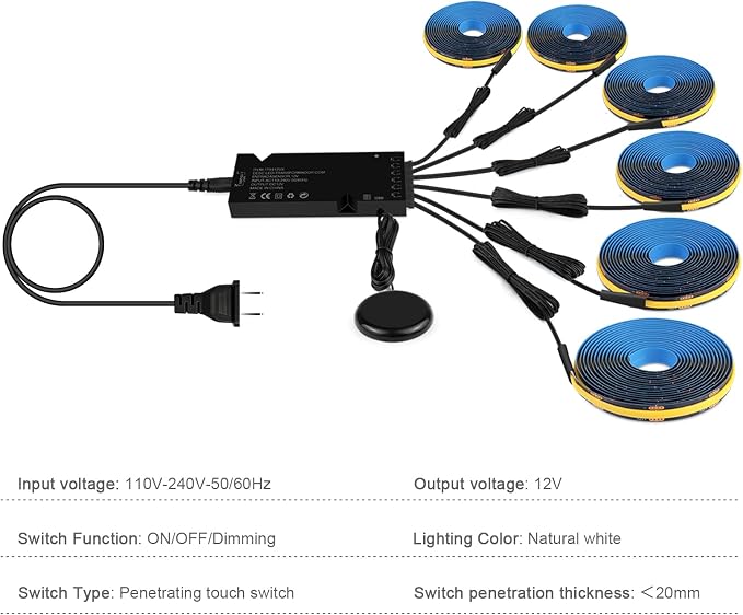 6PCS 12V Black COB LED Strip Lights 6.56Ft 4000K with Touch Dimmable Switch | LED Recessed Lighting Kit Self-Adhesive LED Uner Cabinet Light for Wood Slat Wall Panels Headboards Shelves