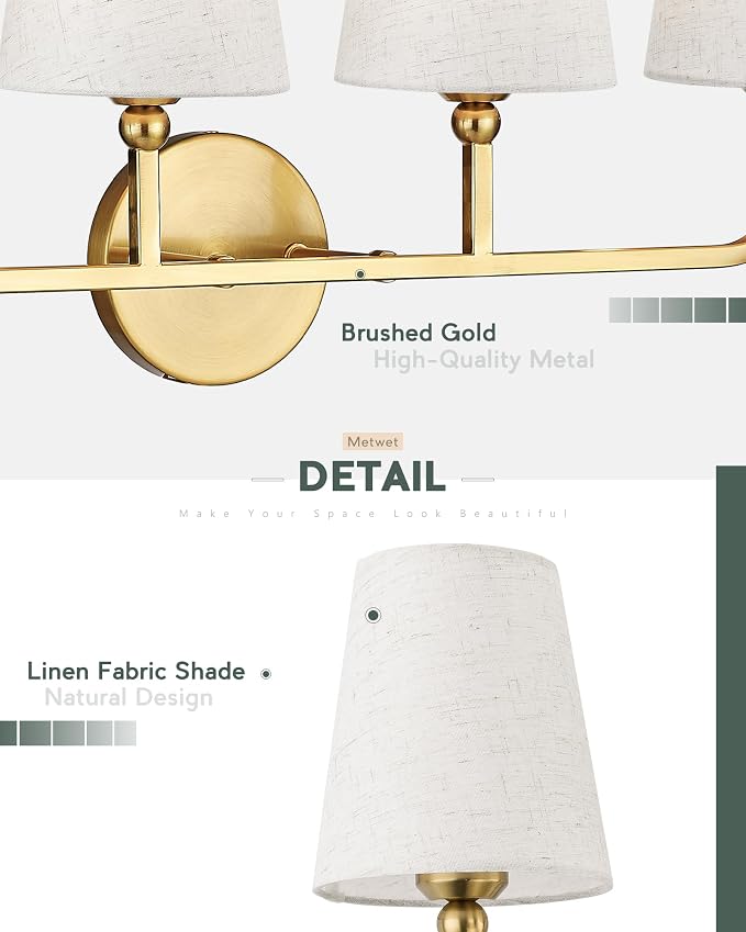 4-Light Brushed Gold Bathroom Vanity Light with Linen Fabric Shade | 28 Inch gold bathroom light fixture over mirror, UL listed, E26 bulbs, hardwired, upward only, VL837-BG-A-4