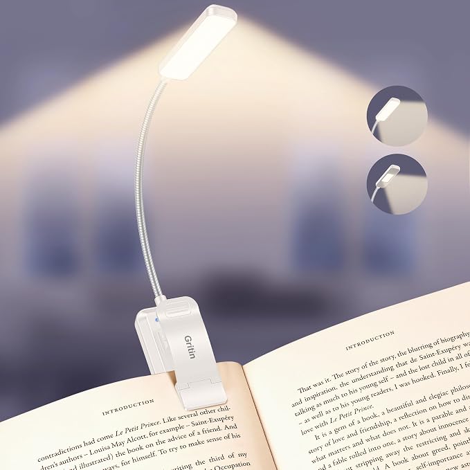 Gritin 2026 Gen 2 Book Light for Reading- 30 Eye Caring Full Spectrum LED | 5 Colors & 5 Brightness, Adjustable Wide/Narrow Beam, Upgrade 1500mAh Long-Lasting Rechargeable Clip on Light-White