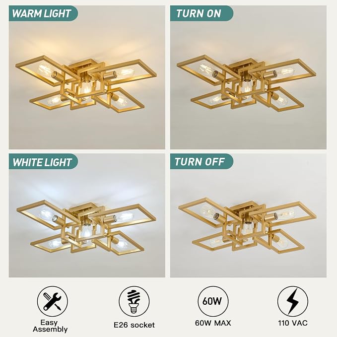 ZGLAOJT Semi Flush Mount Ceiling Light 5-Light Gold Kitchen Light Fixtures | Modern Large Matte Sputnik Chandelier for Dining Room Bedroom Farmhouse Living Room