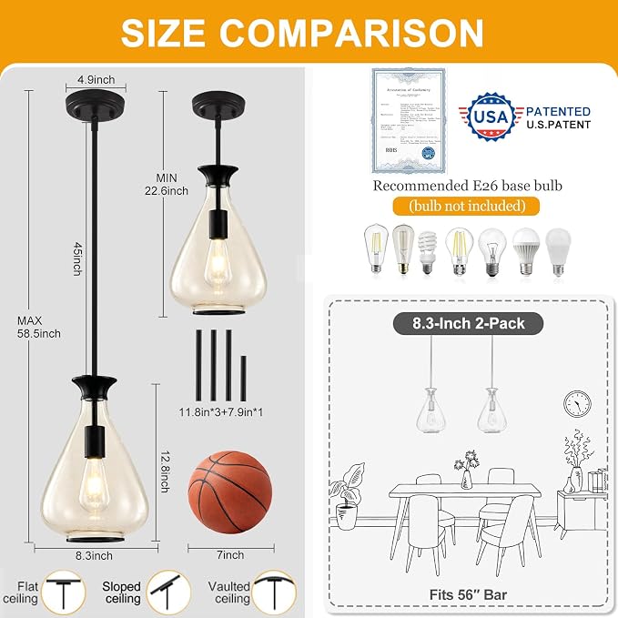 2 Pack Modern Pendant Lights Kitchen Island, Matte Black Pendant Light Fixtures with 8.5" Clear Air Bubble Glass Shade,Industrial Hanging Pendant Lights Fixture for Kitchen Island Dining Room Entryway