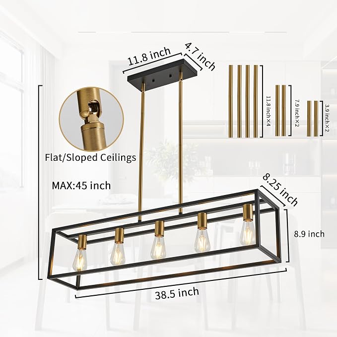 Kitchen Light Fixtures Farmhouse Rectangle Chandeliers Dining Room Light for Dining Rooms, Light Fixture Matte 5-Light Industrial Pendant Lighting