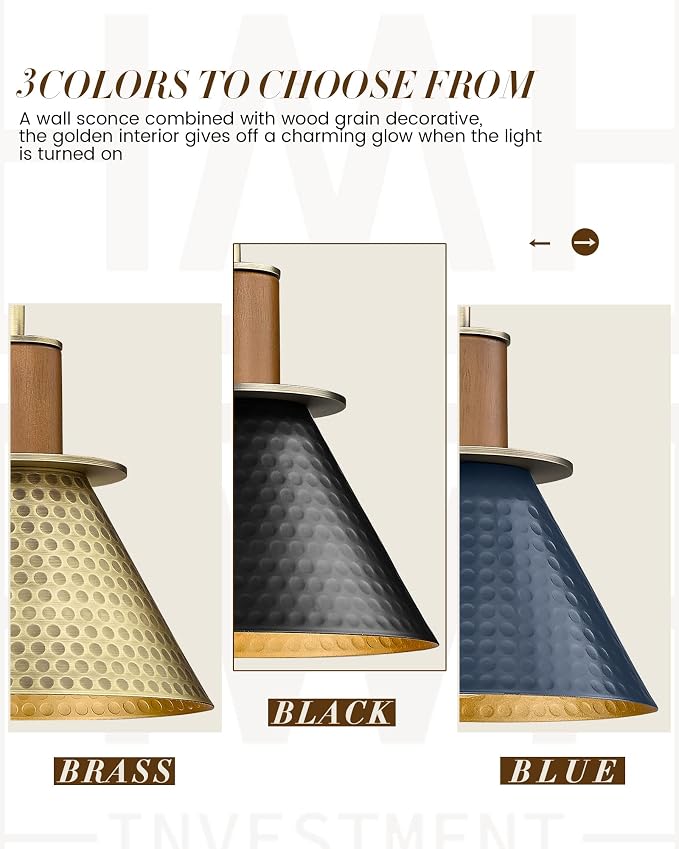 Modern Wall Sconces Set of Two, HWH Industrial Sconce Wall Lighting Indoor Wall Lamp, 1-Light Barn Vanity Light, Hammered Metal Shade, Black and Gold Finish, 5HZG74B-2 BK+BG