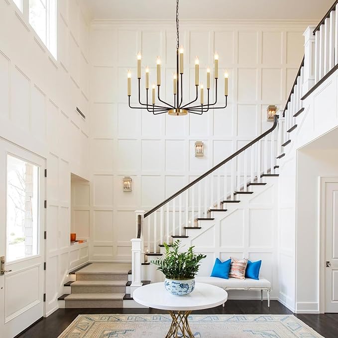 Black and Gold Chandelier for Dining Room, 12-Light Farmhouse Dining Room Light Fixture, Candle Chandelier Light Fixtures, Modern Chandeliers for Living Room Kitchen Foyer Staircase