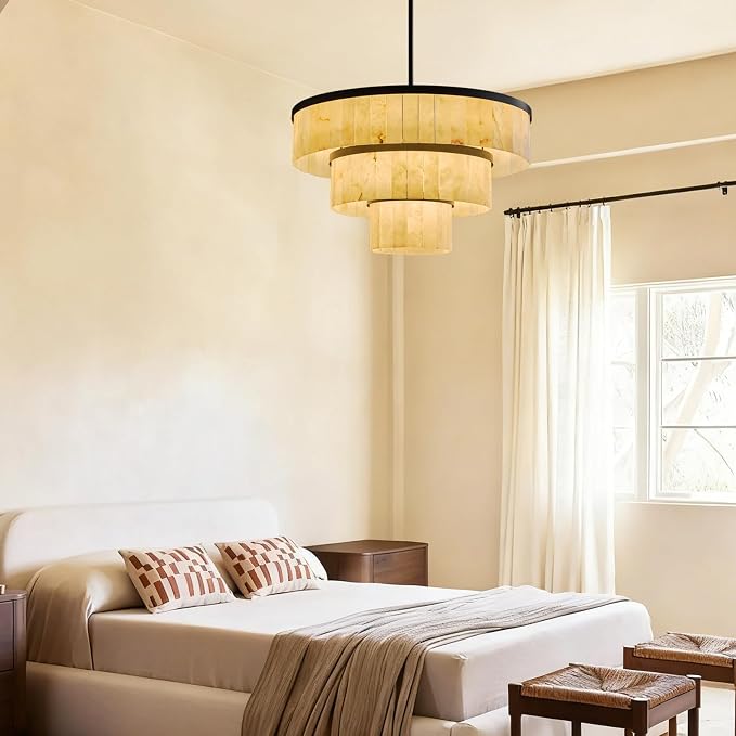 D34.3 Round Alabaster Chandelier, 3-Tier Brass Marble High Ceiling Chandeliers, Modern Dining Room Chandeliers Living Room Light for Entryways, Foyer, Stair, Kitchen Black(Include Bulbs)