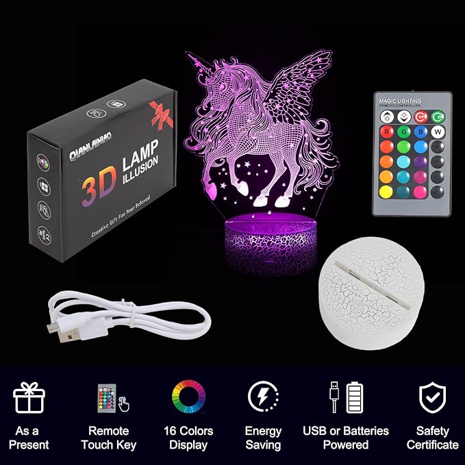 Unicorn Night Light for Kids, Unicorn Gifts for Boys Girls or Room Decor, Beauty 3D Illusion Lamp with 16 Colors Change Remote Control, Decorative Desk Lamp, Christmas Birthday Gift for Children