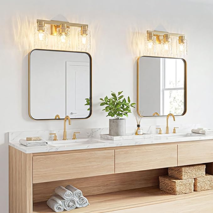 3-Light Bathroom Light Fixtures with Water Ripple Glass, Gold | Vanity Lights, Modern Wall Sconces, Over Mirror for Bathroom, Powder Room, Living Room