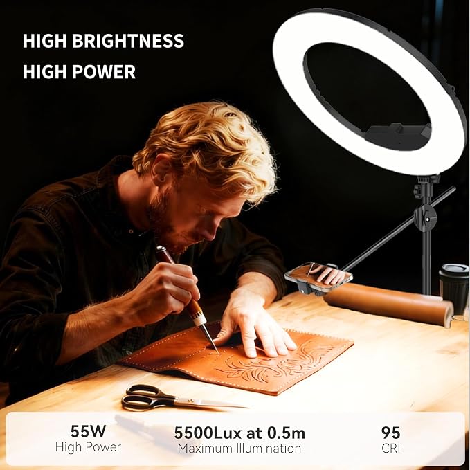 55W18 45cm Ring Light Kit [New Version] 6700K Dimmable LEDRinglightTripod Stand Dual Phone Holder for iPhone Selfie Makeup LashTattoo Studio Lighting Painting,Photo Video Recording (Black)