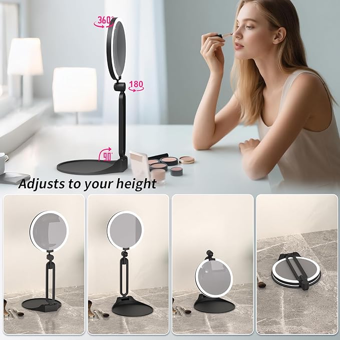 Magnifying Mirror with Light 40X/1X, Double Sided Travel Makeup Mirror with Lights and Magnification, 3 Colors Dimming Lighting, Rechargeable Large Size of 6inch, Foldable Design, 360°Angle Adjustable
