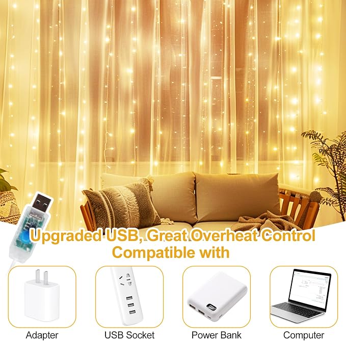 200 LED Fairy Curtain Lights, 6.6 x 6.6 FT Warm White USB Plug in 8 Modes Hanging Lights with Remote for Christmas, Bedroom, Indoor, Outdoor, Weddings, Party (Warm White)