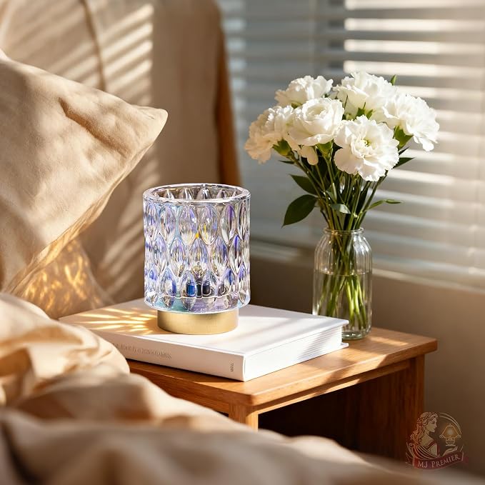 Battery Operated Table Lamp Timer, Small Cordless Lamps Decorative, Pearl | Mini Crystal Lamp for Area No Plug, LED Battery Powered Lamps Wireless, Glass Accent Light for Bathroom Fireplace Shelf Decor