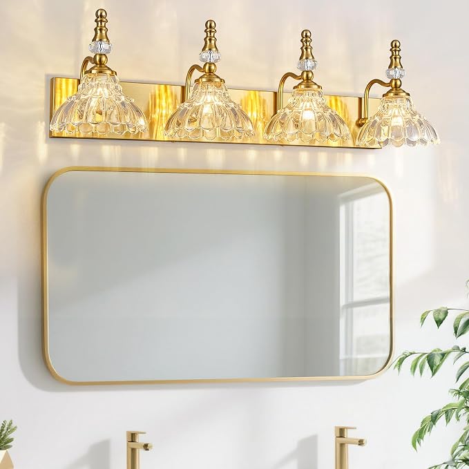 Vintage Bathroom Vanity Light, 4-Light Gold Vanity Lighting Fixture with Flower Glass Shade, Bathroom Lighting Fixtures Over Mirror
