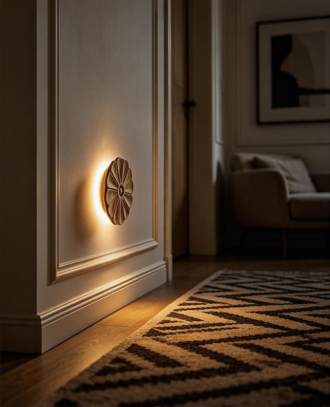 Rechargeable Motion Sensor Light Indoor, Wood Flower Night Light, Magnetic | Warm White 3000K, Ash Wood Flower USB Rechargeable Light, Wireless Lighting for Hallway Bedroom Kitchen , Magnetic Stick-on