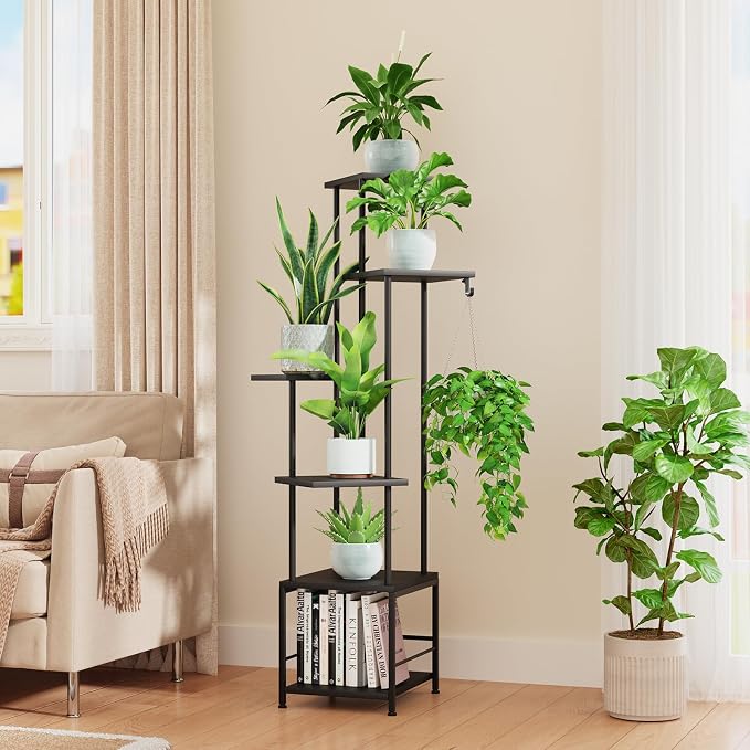 Plant Stand Indoor with Grow Light - 6-Tier Metal Plant Shelf with Hanging Basket Hook, Corner Tall Flower Holder for Multiple Plants, Living Room Balcony Garden Patio, Black