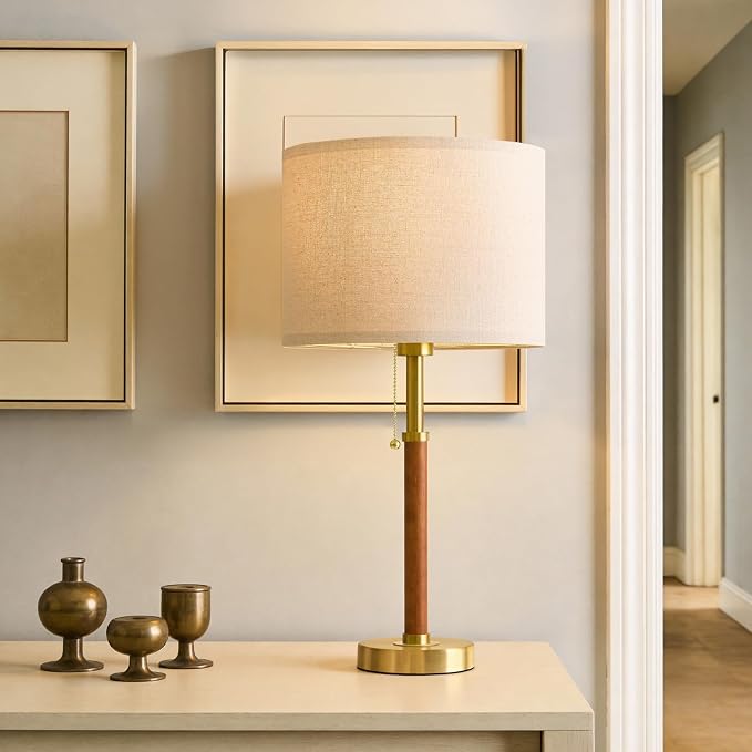 22" Wood Table Lamps Mid Century Modern Lamp for Bedroom Living Room Bedside Lamps for Night Stands Nightstand Lamp with Pull Chain Gold Small Side End Table Lamps Set of 2 Vintage Deco Gifts
