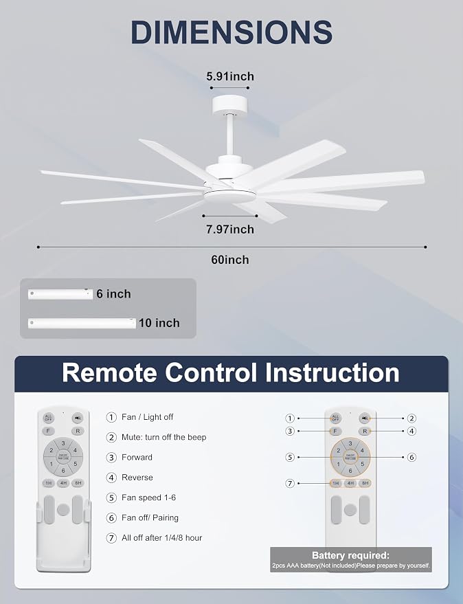 Ohniyou 60" White Ceiling Fan With No Light for Patio, Porch, Deck | Remote/App Control, Quiet DC Motor, Modern Covered Outdoor Fan with 8 ABS Blades