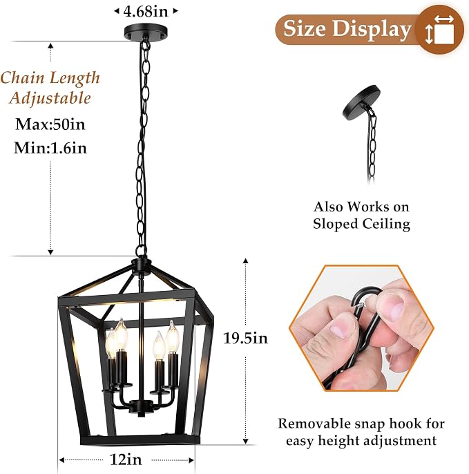 BrightHome Farmhouse Chandelier 4-Light, Black Pendant Light Fixture Ceiling Hanging for Kitchen Island Dining Room, Lantern Industrial Lighting with Metal Cage Adjustable Height for Entryway Foyer | Industrial Kitchen Lantern chandelier Over Table, Pe...