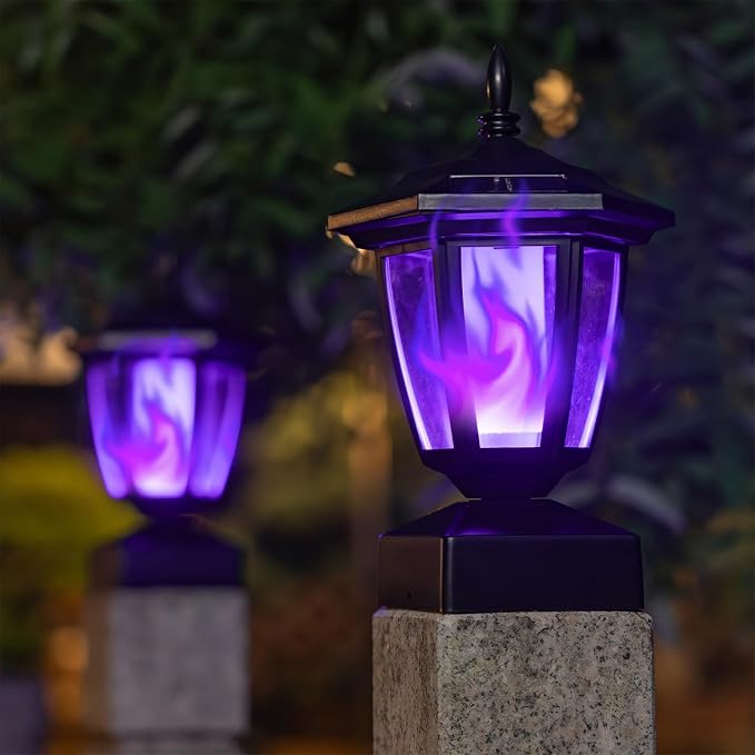 Dynaming Solar Flame Post Cap Lights Outdoor, Halloween Flickering Purple Flame Post Lights, Solar Powered LED Lantern Waterproof for Garden Deck Fence Patio, Fit 4x4, 5x5 or 6x6 Wooden Posts, 2 Pack
