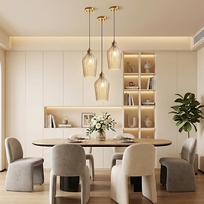 Amber Glass Pendant Lights Kitchen Island Gold Hanging Ceiling Light 6.7" | 1 Pack, Adjustable height, Dimmable, E26 bulbs, Rust-resistant Damp Rated For Bathrooms, 5-Year Warranty, UL Certification