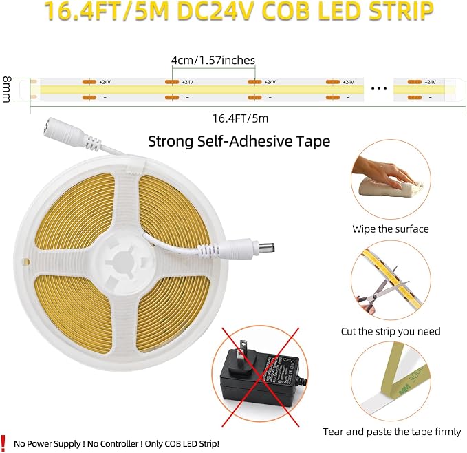 LED Strip Lights 24V COB Daylight White 6000K 16.4ft (No Power Supply) | Super Bright, Dotless High Density 14W/m, 8mm Width Cuttable Flexible, Home DIY White Commercial Lighting