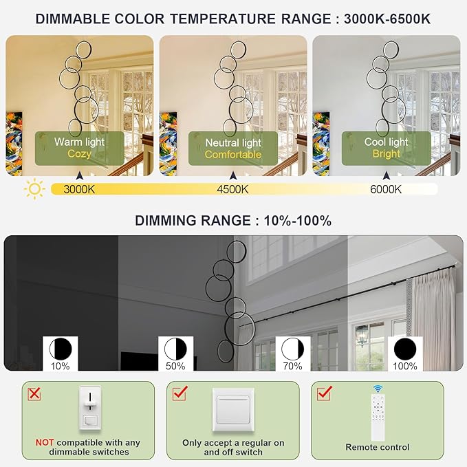 Modern LED Chandelier 6 Ring Black LED Pendant Light Adjustable Height Hanging Ceiling Light Fixture Dimmable Chandelier Ceiling Hanging for Foyer, Entryway (98.5in 3000K-6500K)