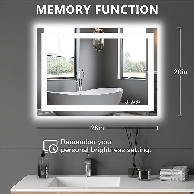 DUMOS 20"x28" 1Smart Anti-Fog LED Bathroom Mirror with Front Light & Backlit, 3 Color Temperatures, Dimmable, Memory Function, Rectangle Modern Vanity Mirror