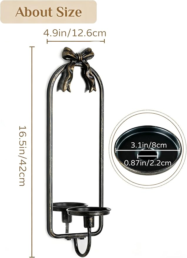 Mirror Wall Candle Sconces Set of 2: Black Metal Frame with Bow | Arched Wall Candle Holder, Detachable Bow, for Taper or Pillar Candles, for Fireplace, Hallway and Bedroom