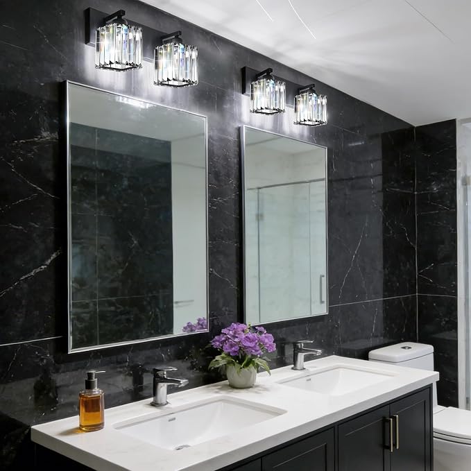Black Crystal Bathroom Vanity Light, 2-Light Modern Bathroom Lighting Fixtures Over Mirror, Matte Black Wall Sconce with Square Shade