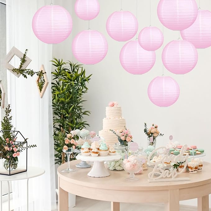 LIHAO Pink Paper Lanterns, 10 Pack, 6/8/10/12 Inch, Wedding Party Decor | Ceiling Hanging Decor, Table Centerpieces, Birthdays, Baby Shower, Parties, Events, Easy Assemblymbly