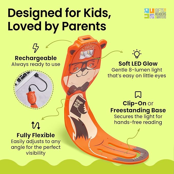 Gifts for Readers & Writers Rechargeable Book Light for Kids, Clip On Reading Light for Bed, 2in1 Flexilight Pals & Bookmark, 12 Hours of Light Once Charged, Includes USB Cable & 2 LED Lights, Fox