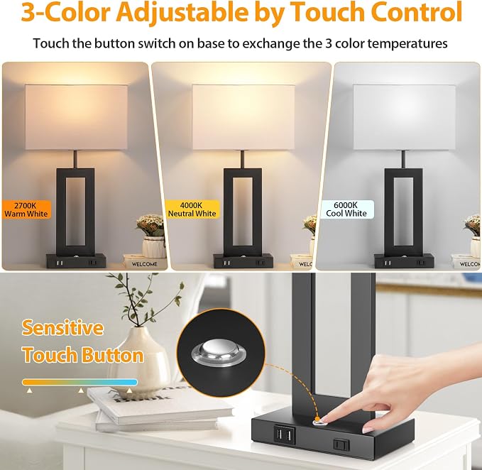 3 Color Temperatures Table Lamps for Bedrooms Set of 2, 22’’ Touch Control Bedside Nightstand Lamps with 2 USB Ports & AC Outlet, Stepless Dimmable Lamps with White Shade, Modern Decor for Living Room