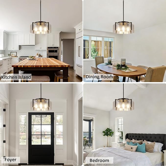 Black Chandelier for Dining Room Light Fixture, 4 Light Glass Entryway Light Fixture, Adjustable Pendant Lights Kitchen Island Modern Farmhouse Kitchen Foyer Chandelier for Entryway, Bedroom, Bathroom