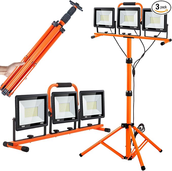 22000 Lumen Work Lights with Stand, 3 Head Portable LED Work Light, with Adjustable&Foldable Tripod Stand, IP66 Waterproof Lamp for Outdoor Indoor Job Site Workshop Garage Construction Site Lighting