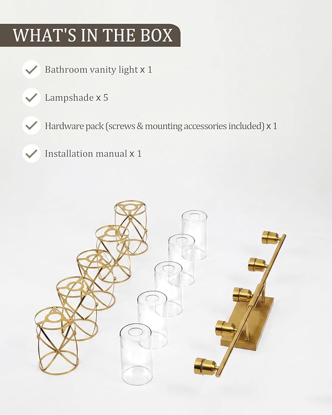 5-Light Brushed Gold Bathroom Light Fixtures Over Mirror, 38" UL-Listed Modern Wall Sconce Lights with Clear Glass and Metal Cage for Bath, Hardwire E26, CH9176BG-5W