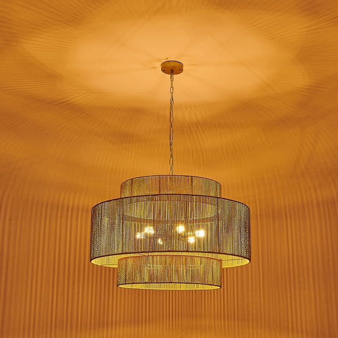 30.7in Large Rattan Chandeliers, 3-Tier Woven Boho Pendant Lights, Hemp Rope Hanging Ceiling Light, Wicker Lighting Fixture for Living Room, Dining Room, Bedroom, Kitchen Island