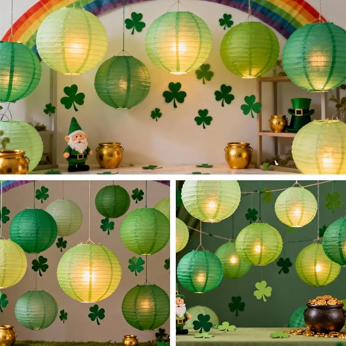 Chinese Paper Lanterns - Pack of 10, 10-Inch Light Green/Green Hanging Lights for Birthday Party Decorations, Ceiling Decor, Rainbow Classroom, Wedding, and Home Party