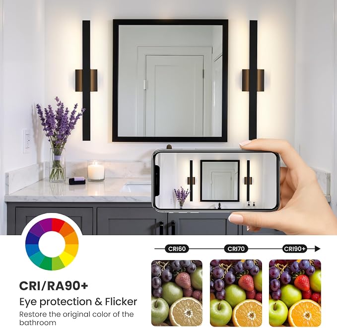 Modern Bathroom Vanity Light 24 Inch Black Bathroom Lighting Fixtures Over Mirror 20W 5CCT Dimmable LED Vanity Lights Bar for Bathroom Mirror Restroom Bedroom