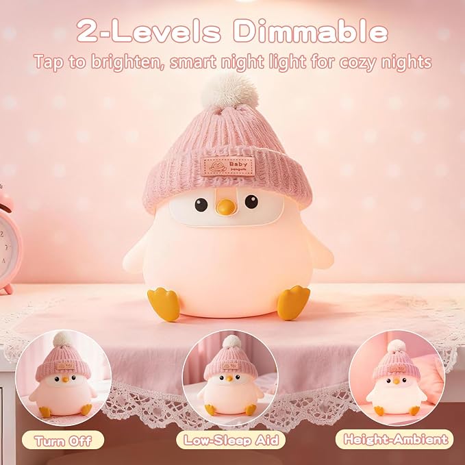 FAMIDUO Penguin Night Light,Cute Pink Penguin Lamp with Hat,Kids Room Decor | Safe Silicone Nursery Nightlight ,Rechargeable/Dimmable/Timer LED Squishy Animal Bedside Touch Lamp,Funny Gift for Girls