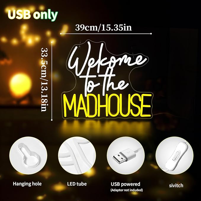 Welcome to the Madhouse Neon Sign for Wall Decor Led Neon Signs Light Up Sign Room Decor Neon Lights Sign USB Powered