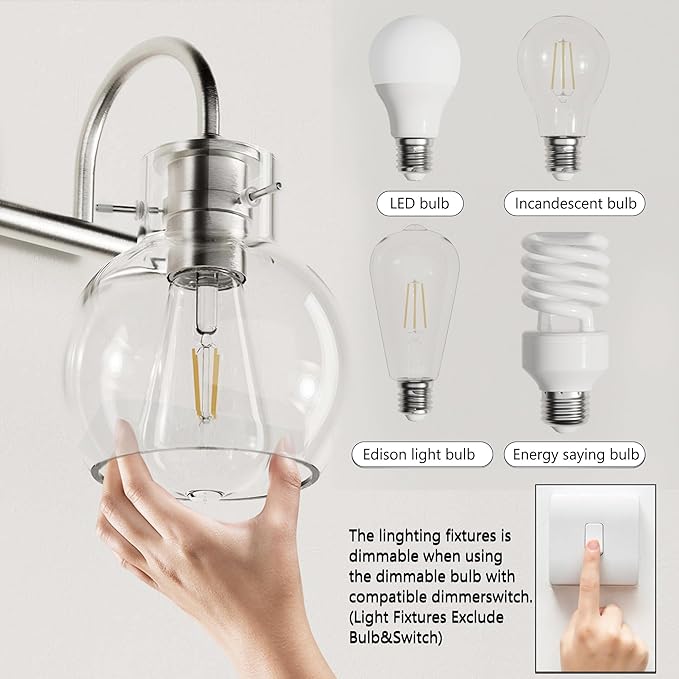 4-Light Bathroom Light Fixtures, Brushed Nickel Vanity Light, Farmhouse Wall Lights with Clear Glass Shade, Bathroom Wall Lamp for Mirror Kitchen Bedroom Hallway Living Room Hallway Cabinet