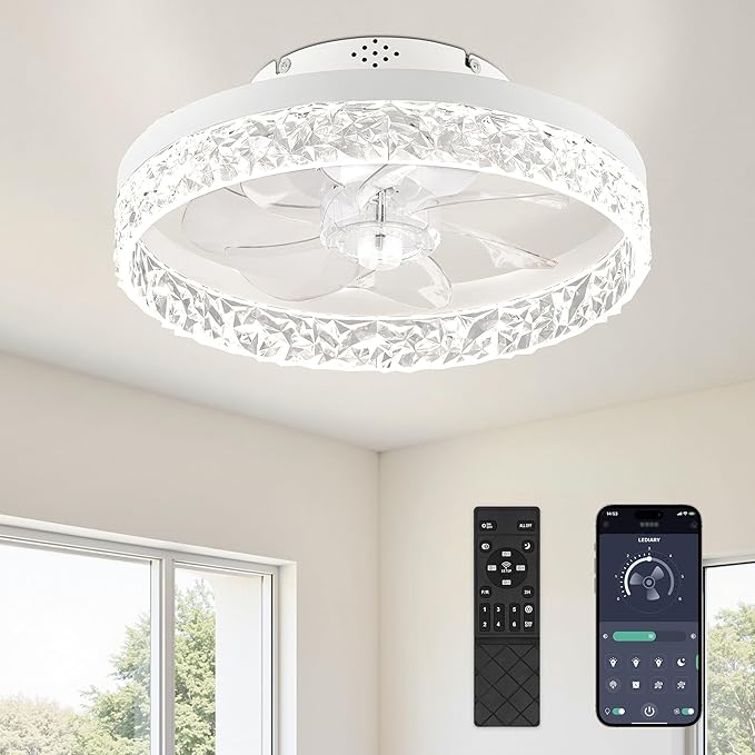 LEDIARY 15.7 Inch Low Profile Ceiling Fans with Lights and Remote, Flush Mount Ceiling Fan, 3000K-6000K Fandelier Dimmable Ceiling Fan, Modern Ceiling Fans with Light for Bedroom- White